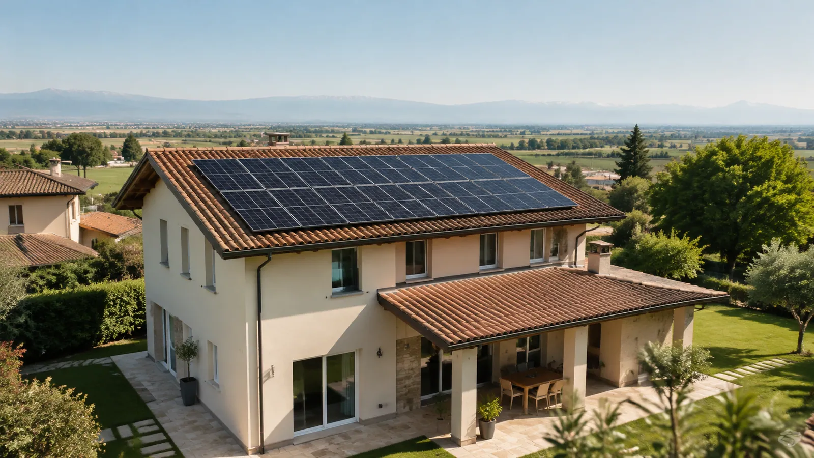 Abitazione con moduli fotovoltaici su un tetto in coppi